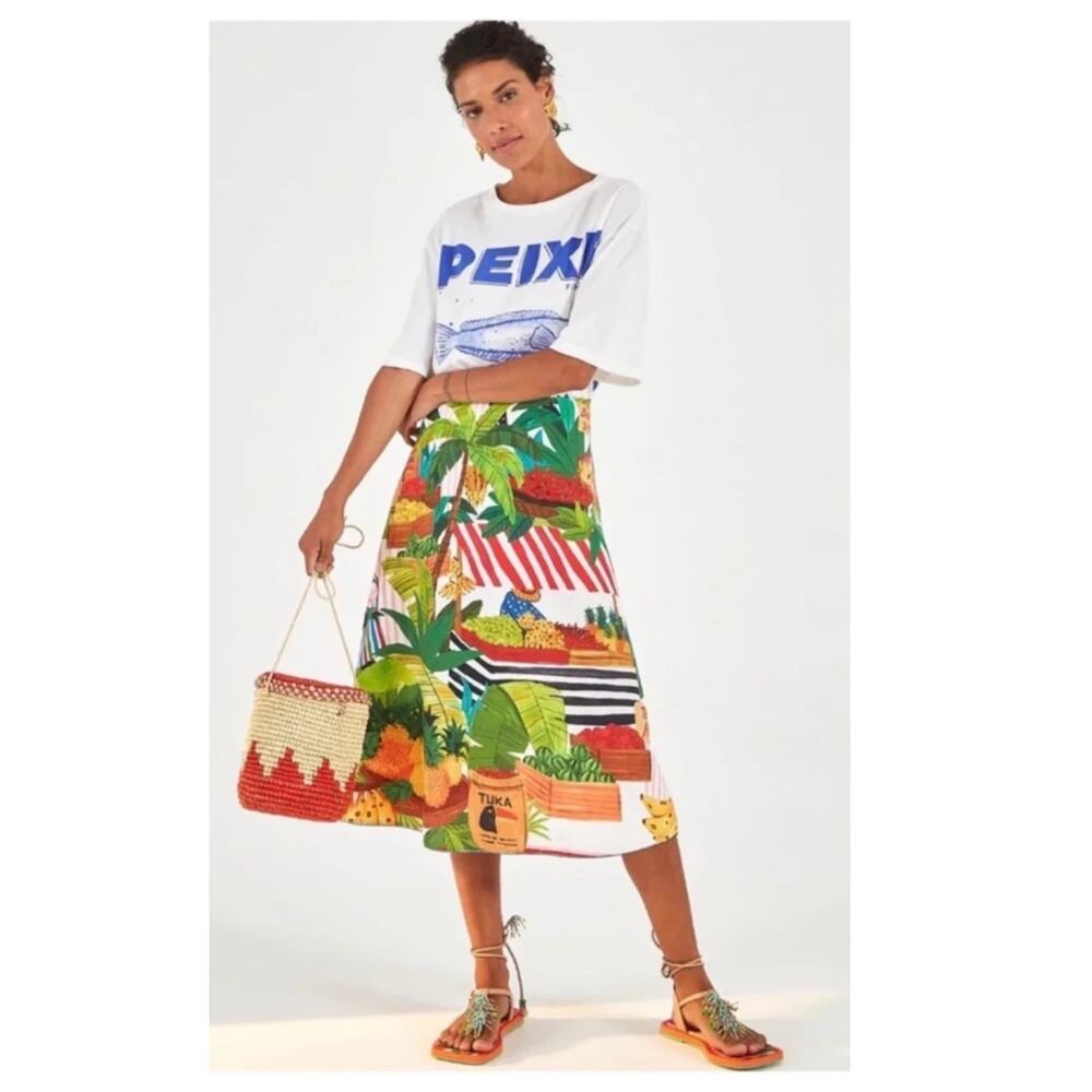 NEW FARM RIO Tropical Fair Linen-Blend Midi Skirt Size Small